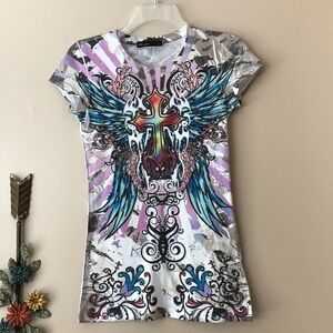 EUC Gorgeous Cross And skull Graphic T-Shirt Small